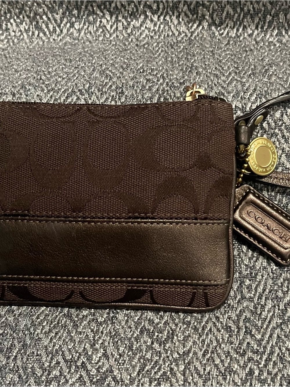 COACH Rare Dark Brown Legacy Signature Wristlet, Leather Trim & Legacy Pattern